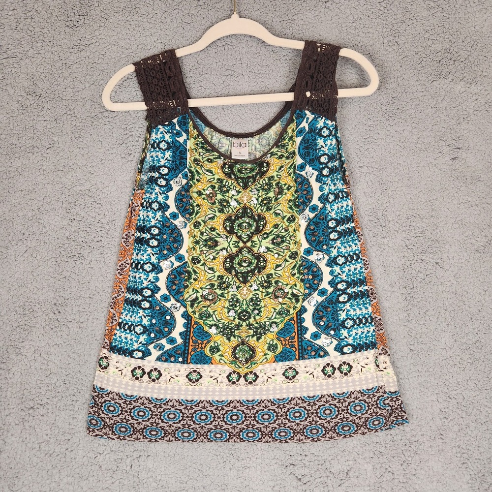 Bila‎ Shirt Womens Small Turquoise Blue Brown Crochet Tank Top
